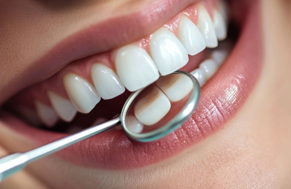 A woman being examined by a dentist while holding a toothbrush.